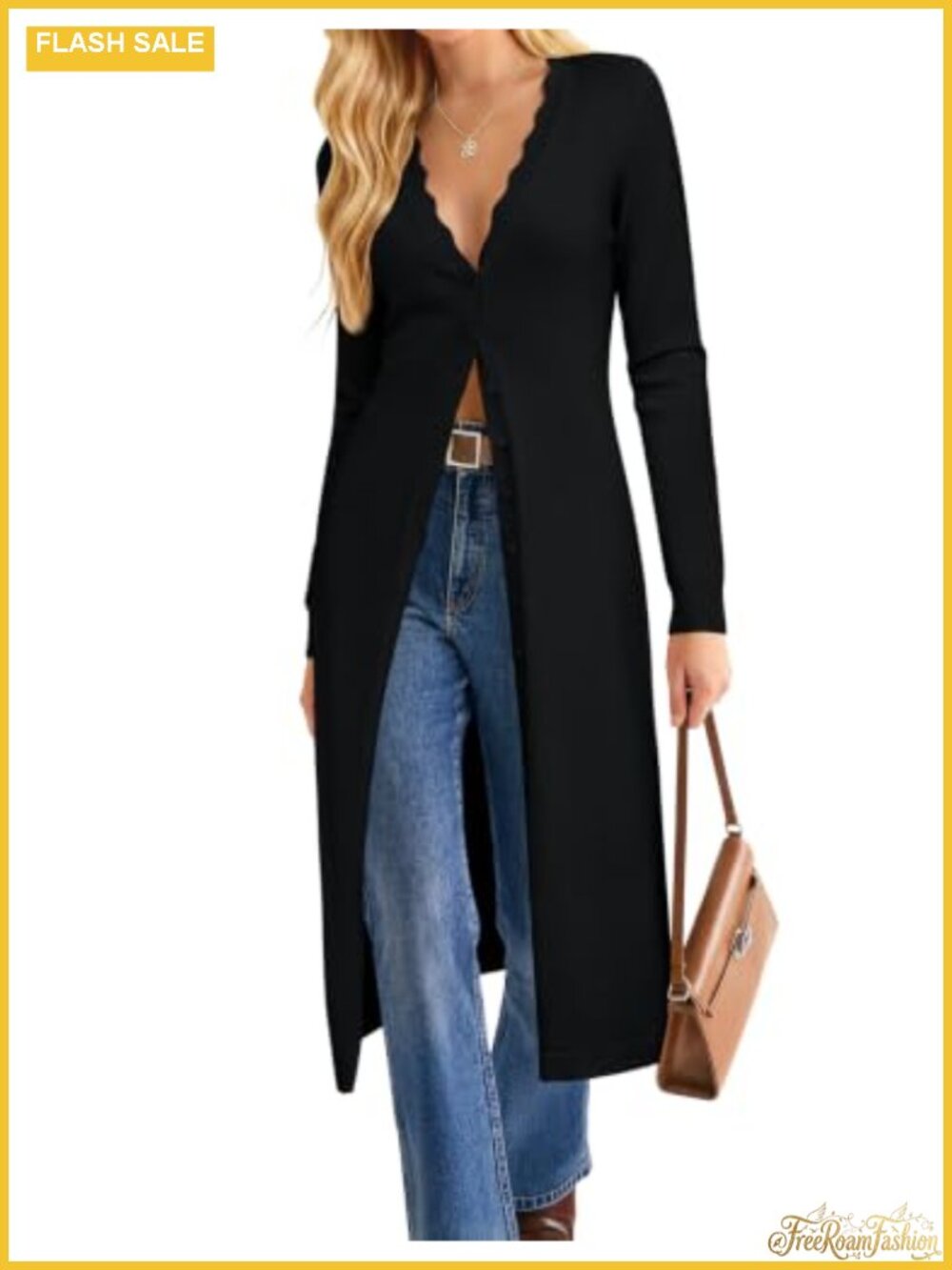 Women's Long Knit Cardigan Scalloped Button Up Maxi Sweater Dress